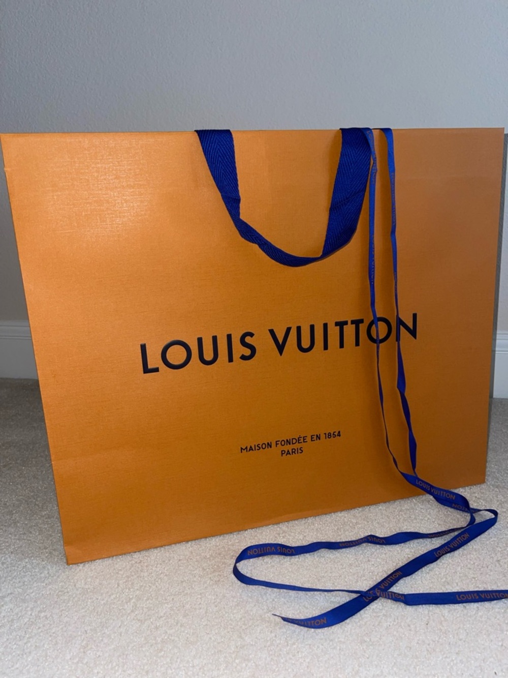 Louis Vuitton 19” Orange Gift Bag with Blue Handles & Blue LV Ribbon